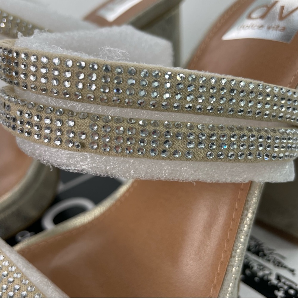 DV by Dolce Vita Gold Persia‎ Chunky Heel Open-Toe Rhinestone-Detail Sandal - Picture 9 of 14